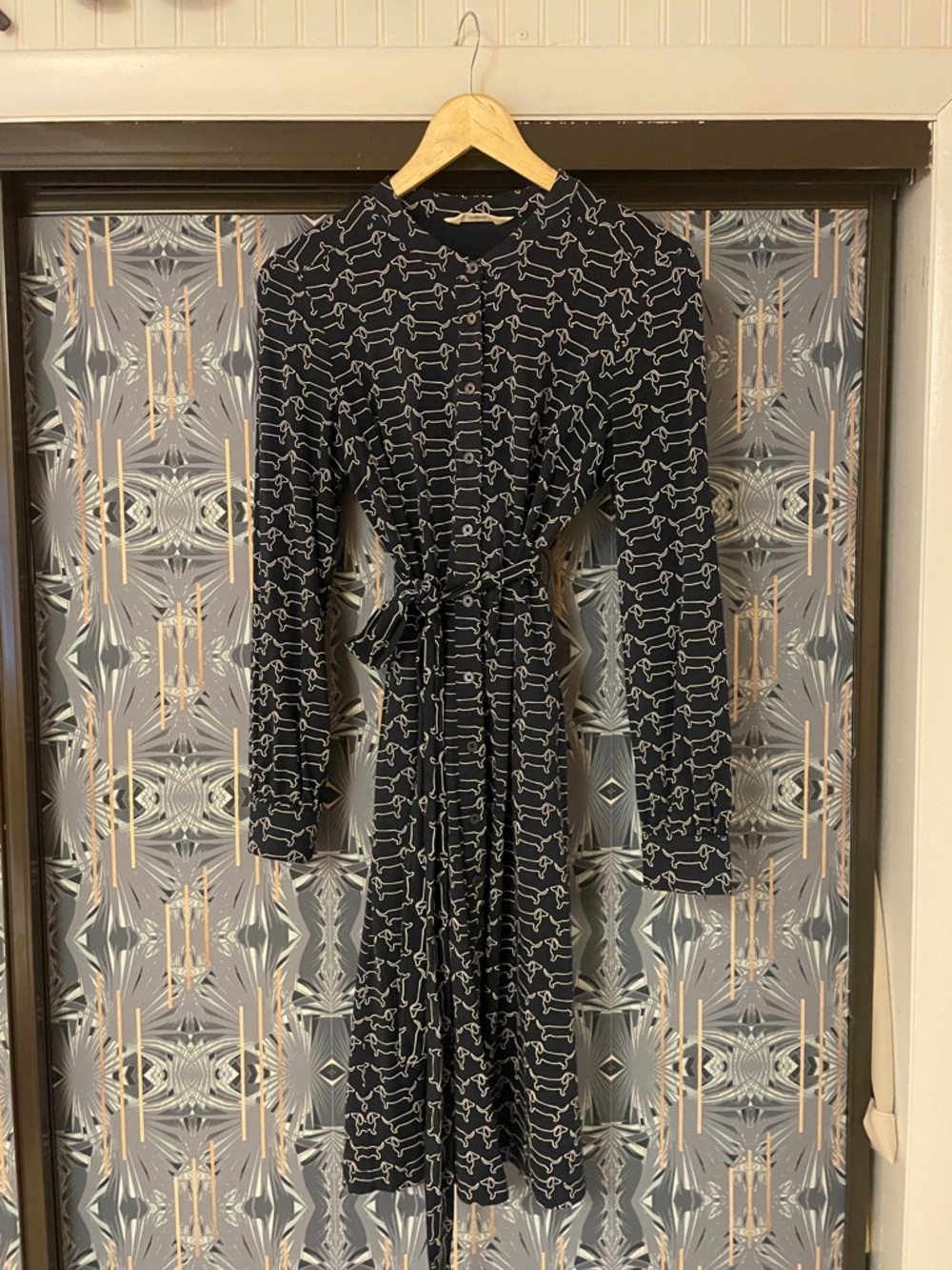 Boden Navy blue long-sleeve shirt dress with dachshund pattern